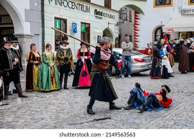 Cesky Krumlov, Bohemia, Czech Republic, 23 April 2022: Historical parade or festival, beginning of season, men and women in renaissance costumes, medieval entertainment, knightly battle or jousting 
