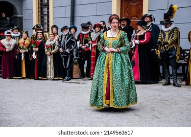 Cesky Krumlov, Bohemia, Czech Republic, 23 April 2022: Historical parade or festival, beginning of the season, men and women in renaissance costumes, Gothic performances, medieval entertainment 