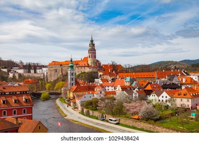 Cesky Krumlov. Cityscape With Castle Tower, Sunny Spring Day. Czech Republic.