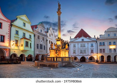 Cesky Krumlov. Cityscape image of main square of Cesky Krumlov with traditional architecture at twilight blue hour.