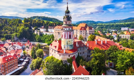 Cesky Krumlov, Czech Republic. Aerial wiew over the historical Krumlov and Vltava river, UNESCO heritage in Bohemia.