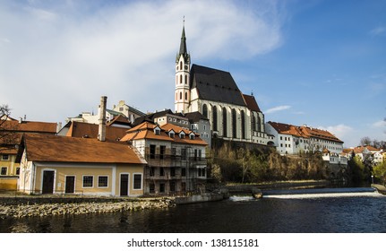 Cesky Krumlov Panorama Aerial View In Spring . Czech Republic