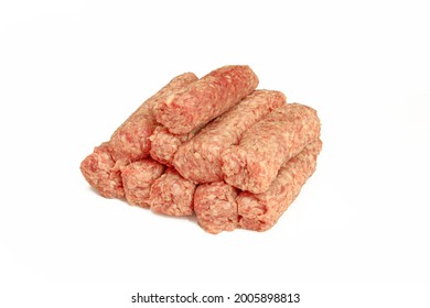 Cevapi balkan specialty isolated on white background. Raw minced cevapcici meat. Bosnian food