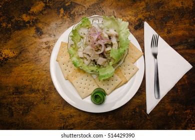 Ceviche Of Fish. Wooden Table. Overhead 
 