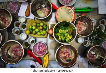 Ceviche In Preparation, Top View. The Peruvian National Dish Being Freshly Prepared During A Cooking Class.