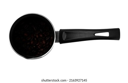 cezve coffee pot, coffee brewing tool, with coffee beans in the inside, on a white background in isolation