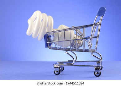 A CFL bulb is inside a miniature shopping cart over a blue background. - Powered by Shutterstock