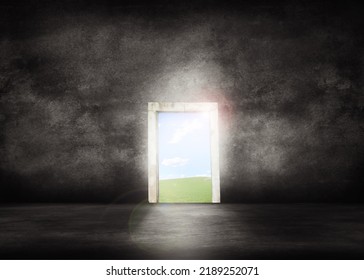 CGI Rendering Of A Doorway Into A Bright Future Or Opportunity For Success. Copyspace Background In A Dark Room With Sunlight Concept Of A Dream For Business Growth Development Or Successful Outcome