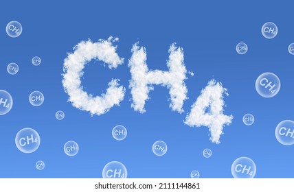 CH4 text from clouds on blue sky. Global warming or change climate concept. Environmental problems. Growing methane in the atmosphere.
