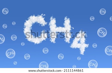 CH4 text from clouds on blue sky. Global warming or change climate concept. Environmental problems. Growing methane in the atmosphere.