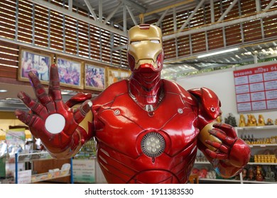 CHACHOENGSAO, THAILAND – FEBRUARY 07, 2021: Iron Man Model Display At Wat Saman Rattanaram Temple In Chachoengsao Province Of Thailand.