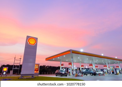 Chachoengsao, Thailand - Jan 28, 2018: Shell gas station blue sky background during sunset. Royal Dutch Shell sold its Australian Shell retail operations to Dutch company Vitol in 2014