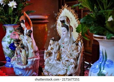 CHACHOENGSAO, THAILAND – JUNE 26, 2022: A statue of the Lady Buddha or Guan Im standing at shrine in Chachoengsao province.Beliefs of Chinese Thais in Thailand.
