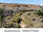 Chaco Wash, an arroyo (periodic stream) cutting through Chaco Canyon, Chaco Culture National Historical Park in New Mexico. Chaco Canyon was a major Ancestral Puebloan culture center. Grazing elk.