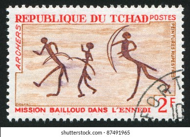 CHAD - CIRCA 1968: Stamp Printed By Chad, Shows Rock Painting, Archers, Circa 1968