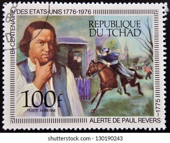 CHAD - CIRCA 1976: A stamp printed in Chad shows Paul Reveres Ride and Portrait by Copley, circa 1976