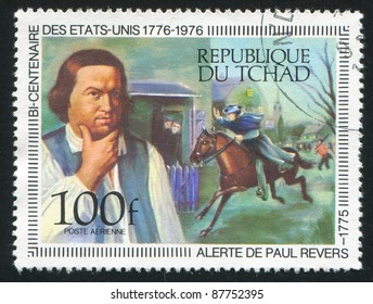 CHAD - CIRCA 1976: A stamp printed by Chad, shows Paul Reveres Ride and Portrait by Copley, circa 1976