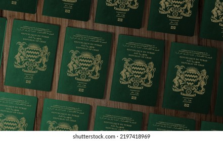 Chad Country Passports, Top View, On A Wooden Table