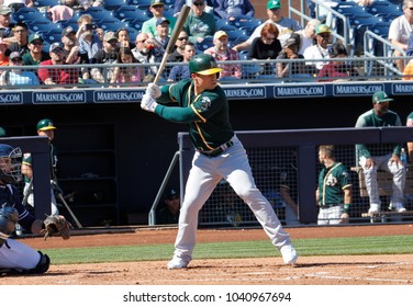 Chad Pinder First Basemen For The Oakland Athletics In The Cactus League At Peoria Stadium In Peoria,Arizona USA March 4th,2018.