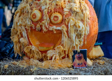 CHADDS FORD, PA - OCTOBER 18: Gritty The New Philadelphia Flyer's Mascot At The Great Pumpkin Carve Carving Contest On October 18, 2018