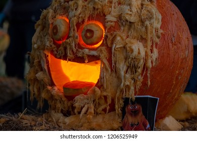 CHADDS FORD, PA - OCTOBER 18: Gritty The New Philadelphia Flyer's Mascot At The Great Pumpkin Carve Carving Contest On October 18, 2018