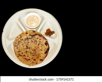 Chai Paratha With Mango Pickle In Plate Top View Indian Breakfast