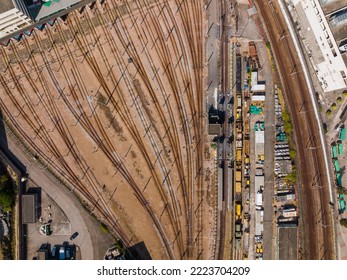 Chai Wan, Hong Kong 12 December 2021: Top Down View Of The Train Track In Hong Kong City