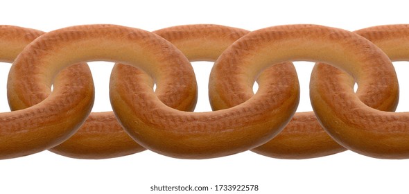 Chain Of Baked Bagels On A White Background. Food Blockchain