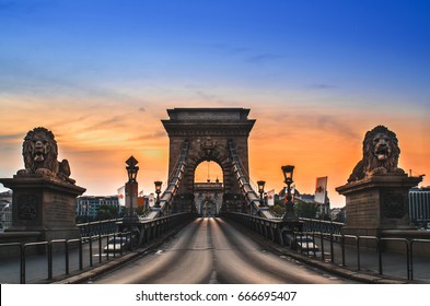 Chain Bridge In Budapest On Sunrise