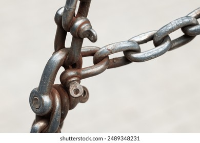 chain engineering grunge rust element connected iron elements macro photography with neutral blurred background space