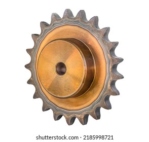 Chain Gear Is Driven By An Electric Motor For Industrial Use, Sprocket Size 21 Teeth, Gold Color On White Background.