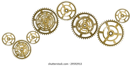 A Chain Of Golden Interlocking Cogs. Isolated On White.