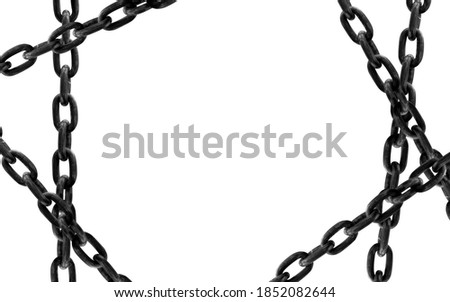 Chain isolated on white background.steel chain.Set of chains. Curved, wavy, arcing straight chains.Black and white close up shot to a stretched chain.