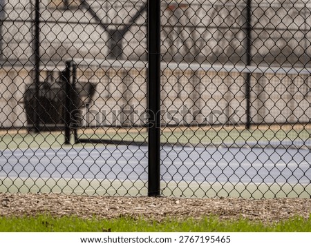 Chain link fence in sharp focus with blurred tennis player on court behind, shallow depth of field sports scene with strong foreground pattern