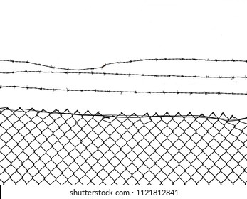 Chain Link Fence Topped With Barbed Wire, Isolated On White Ground