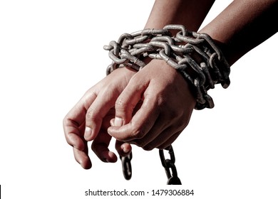 Chain on hand of female prisoners, concept of imprisonment, punishment for offenders , dark tone ,Captivity, slaves , Isolated on white background 