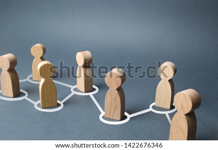 Chain of people figurines connected by white lines. Cooperation and interaction between people and employees. Dissemination of information in society, rumors. Communication. social contacts