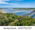 Chain of Rocks on the Mississippi RIver above St Louis with the Low Water Dam, water towers and old historic bridge