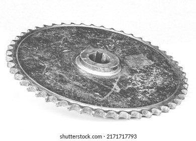 The chain sprocket is driven by an electric motor for industrial use, shaft hole size 50 mm, 50 tooth sprocket, on white background.