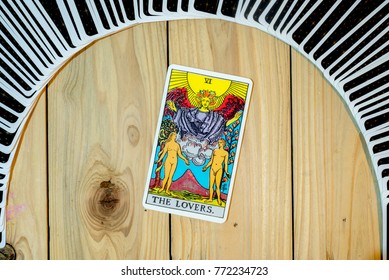 Chainat Province, Thailand, December 9, 2017. illustrative editorial tarot cards "THE LOVERS ."