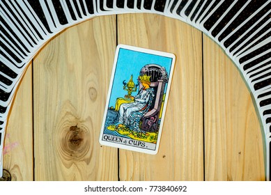 Chainat Province, Thailand, December 9, 2017. illustrative editorial tarot cards "QUEEN of CUPS."