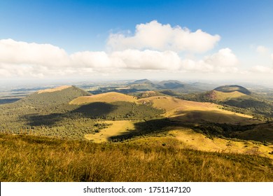 The Chaine Des Puys From Puy De Dome, A Chain Of Cinder Cones, Lava Domes, And Maars In The Massif Central Of France. A UNESCO World Heritage Site