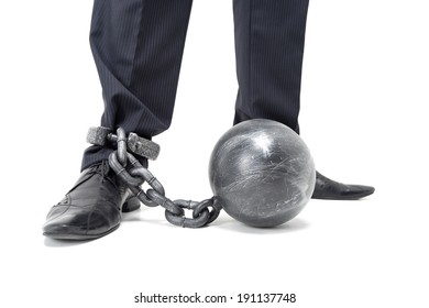 Chained Feet. A Businessman Restrained By Ball And Chain.