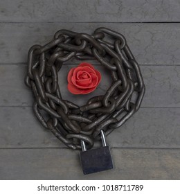 Chained and locked red rose on the wooden background. Studio top view shot