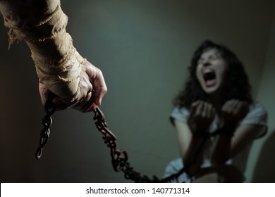 Chained Slave Woman,  Prisoner Of An Evil Man