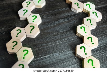 Chains of blocks with a question mark. Unknown facts. Curiosity, exploration. Questions and problem solving. Technologies and science. Development tree and logical chains of cause and effect.