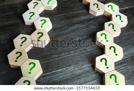 Chains of blocks with a question mark. Unknown facts. Curiosity, exploration. Questions and problem solving. Technologies and science. Development tree and logical chains of cause and effect.