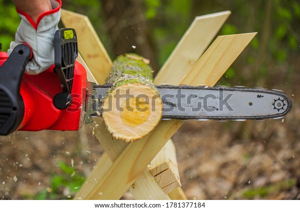 Chainsaw in action cutting wood. Man cutting tree\
trunk into logs with saw on sawhorse. Chainsaw. Close up of\
woodcutter sawing, saw in motion, sawdust fly to sides. Wood work,\
cutting tools, timber