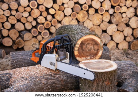 Chainsaw close up. Chainsaw with a tool. Chainsaw on the background of firewood