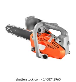 Chainsaw Isolated On White Background. Portable Mechanical Gas Powered Cutting Yellow Chain Saw With Full-Chisel Saw Chain. Outdoor Power Equipment. Garden Power Tools. Woodworking Tool Side View